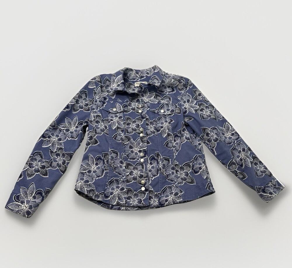 Norm Thompson Indigo & White Floral Collared Button Jacket Medium Boho Casual